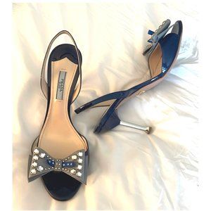 PRADA Navy Vernice Sling Back with Jeweled Bow, Silver Mirror Heels FINAL SALE